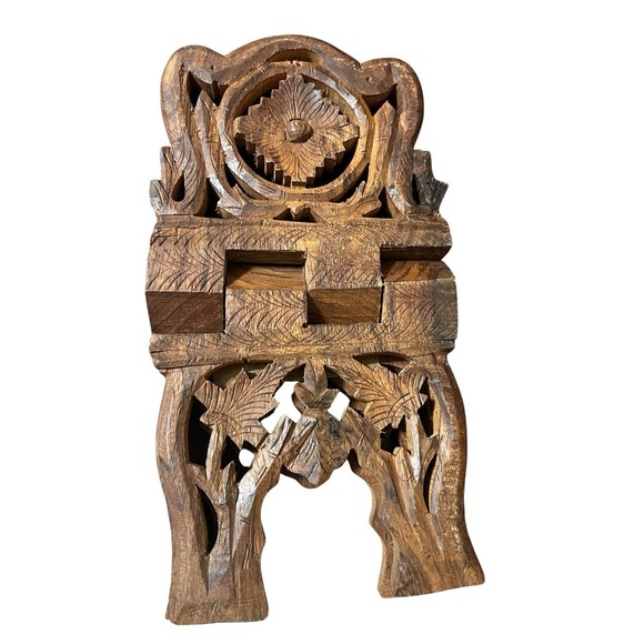 Vintage Hand-Carved India Wooden Bible Cookbook Book Stand/ Holder Folds Flat - Picture 3 of 5